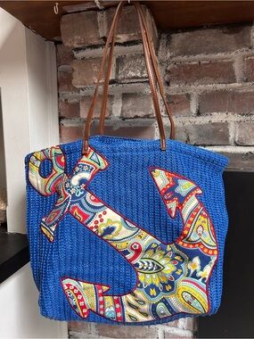 Vera Bradley Marina Paisley woven anchor beach tote bag cobalt blue